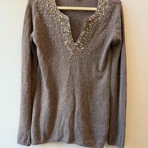 Embellished V-Neck Sweater Brown Gray Cashmere Wool Evening Work Party Feminine